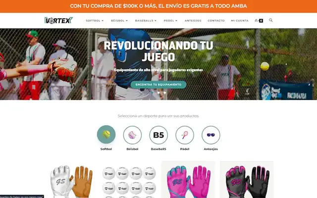Sitio web de vortexstore.com.ar: Tienda online de equipamiento deportivo (softbol, béisbol y pádel)